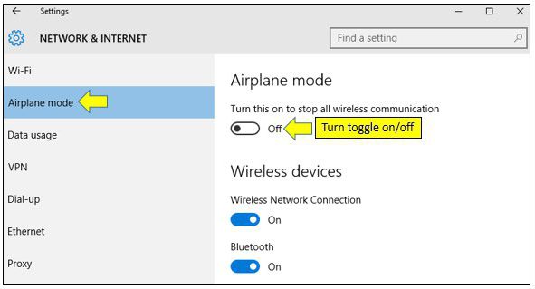 Hvordan slukker jeg for flymodus (Windows 10)? Adressering